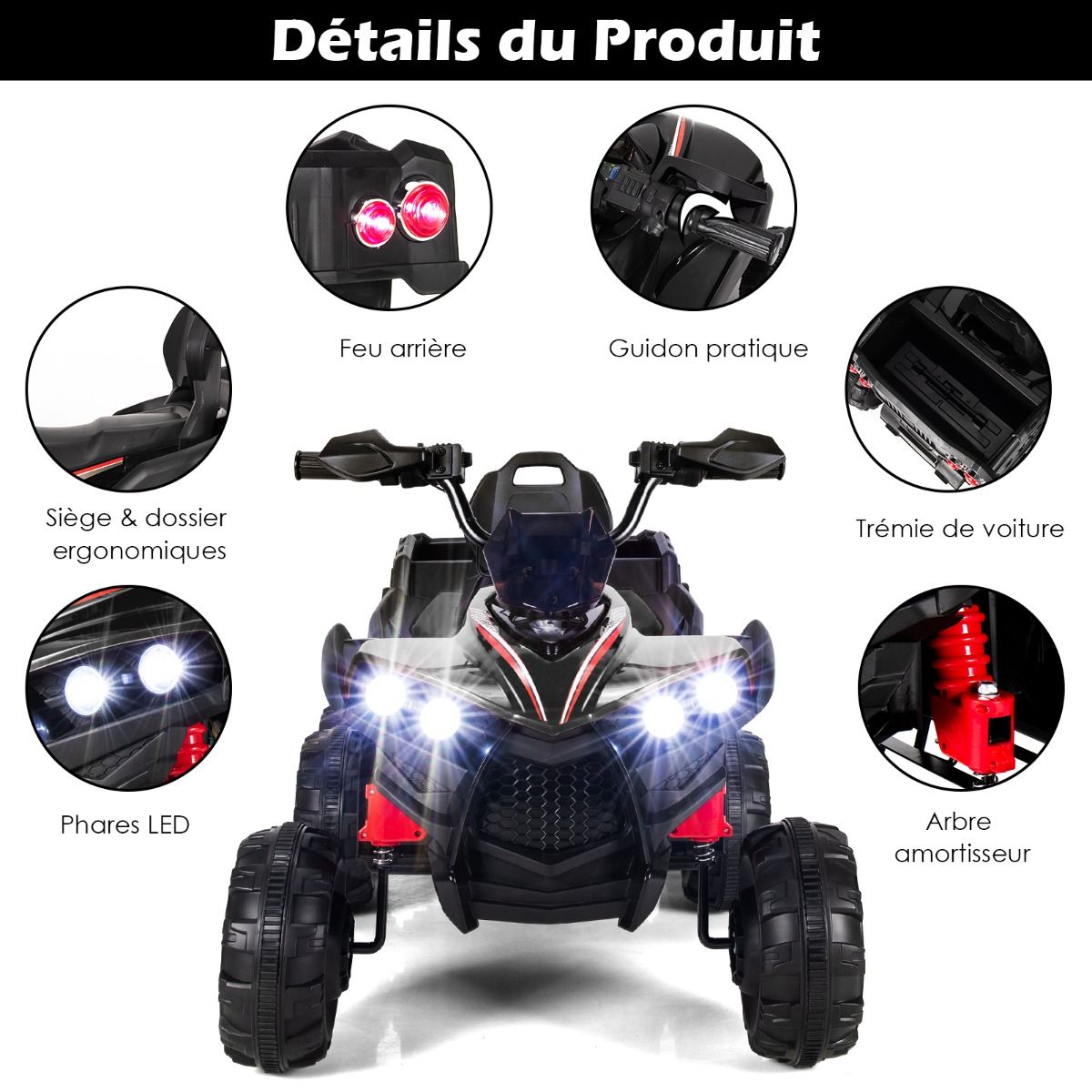 12V Children's Electric Quad with LED Lights and Music Children's Electric Vehicle with Slow Start Load 30kg 129 x 69 x 72 cm Black/Red -