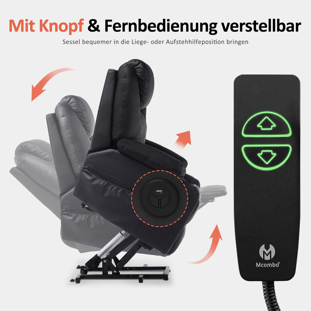 MCombo electric tie-down aid, TV armchair, Relaxing armchair, Massage, Heating, Electrically adjustable USB connection, Faux leather, Black