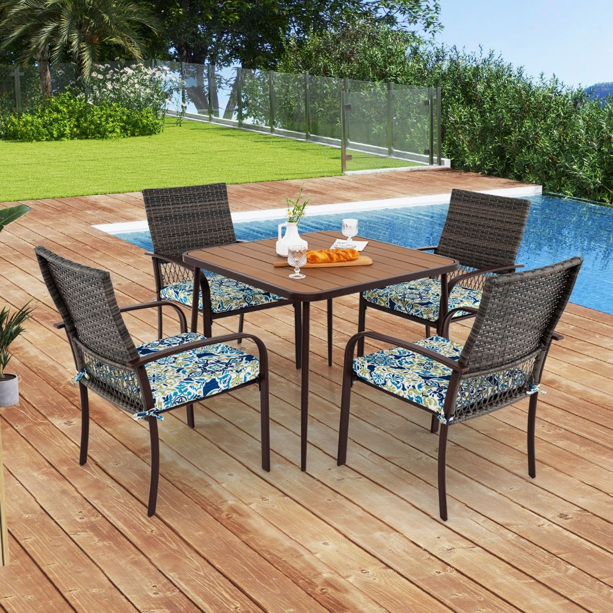 5 Piece Patio Furniture Set Garden Furniture 4 Rattan Armchairs with Cushions and Square Table with Umbrella Hole -