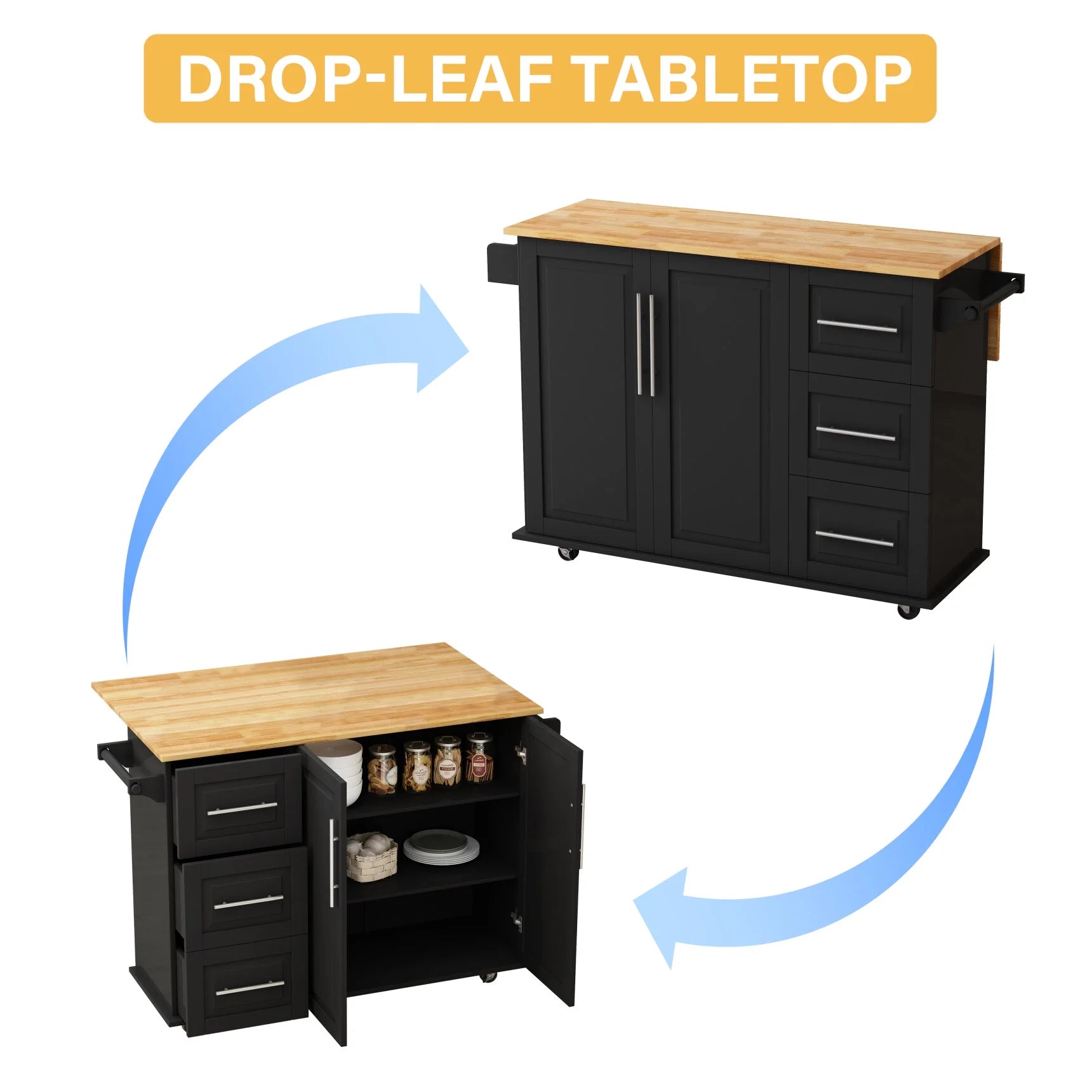 Movable Kitchen Island Cart with 2 Door Cabinet, 2 Drawers and Drop Leaf Top - Product image 12