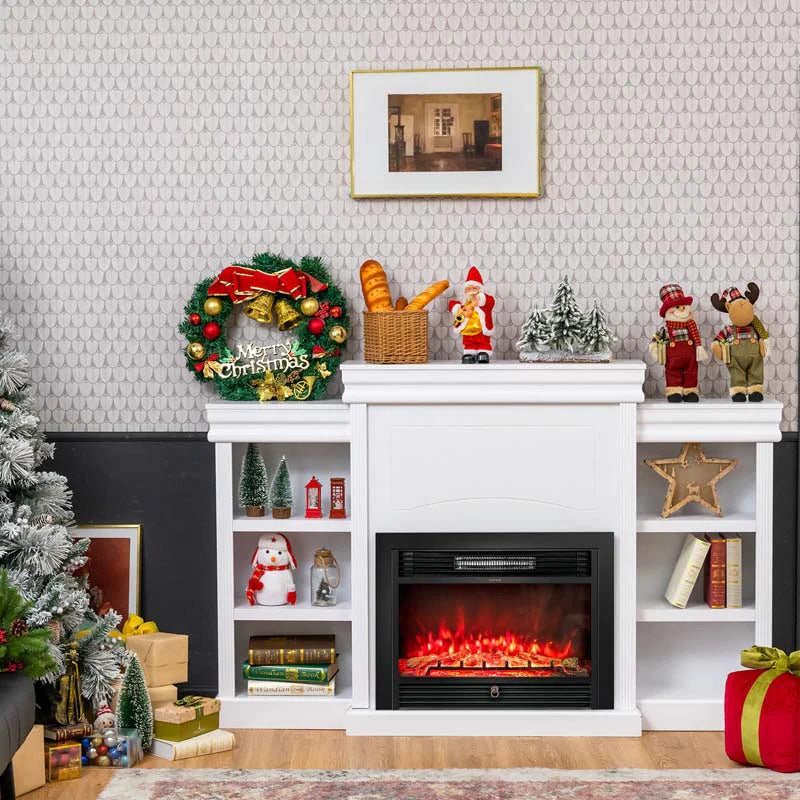 70" Fireplace Mantel TV Stand with Storage Shelves, Freestanding Wood Media Console for 28.5" Fireplace - Product image 11