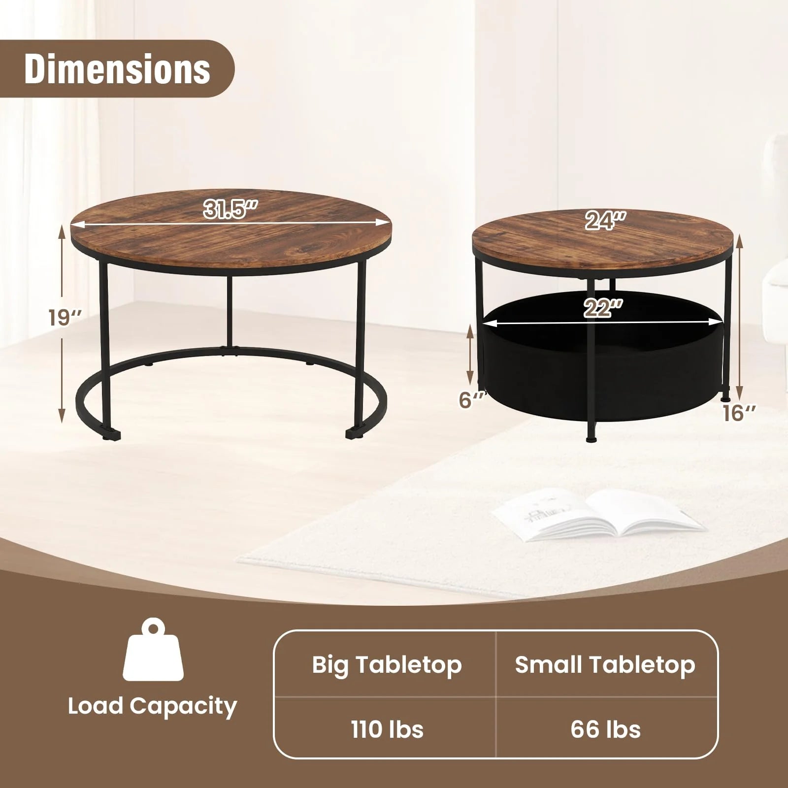 Tangkula Round Nesting Coffee Table Set of 2 with Fabric Storage Basket & Metal Frame - Product image 3