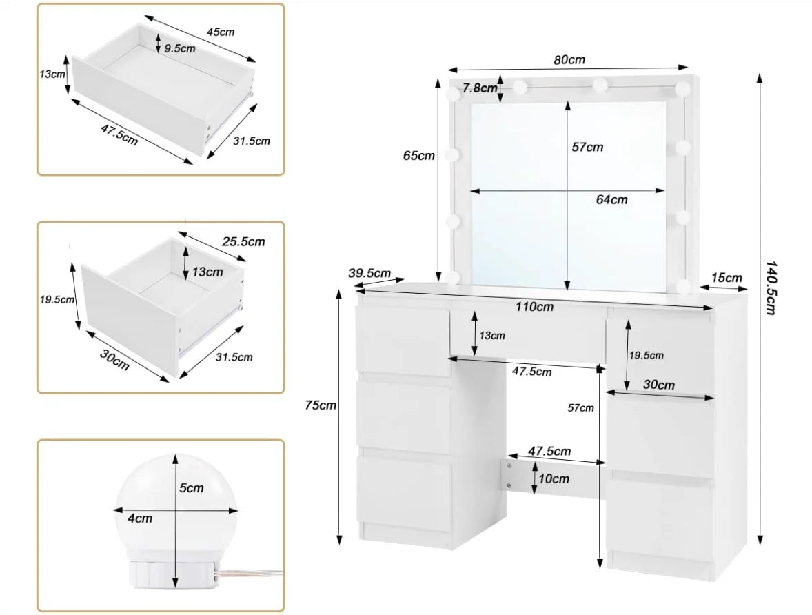 White Dressing Table with LED Mirror - 7 Drawers -