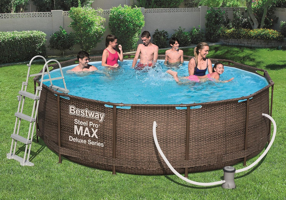 Power Steel Deluxe Round Tubular Swimming Pool with Solid Steel Frame Complete Kit Rattan Look 366 x 100 cm,Brown