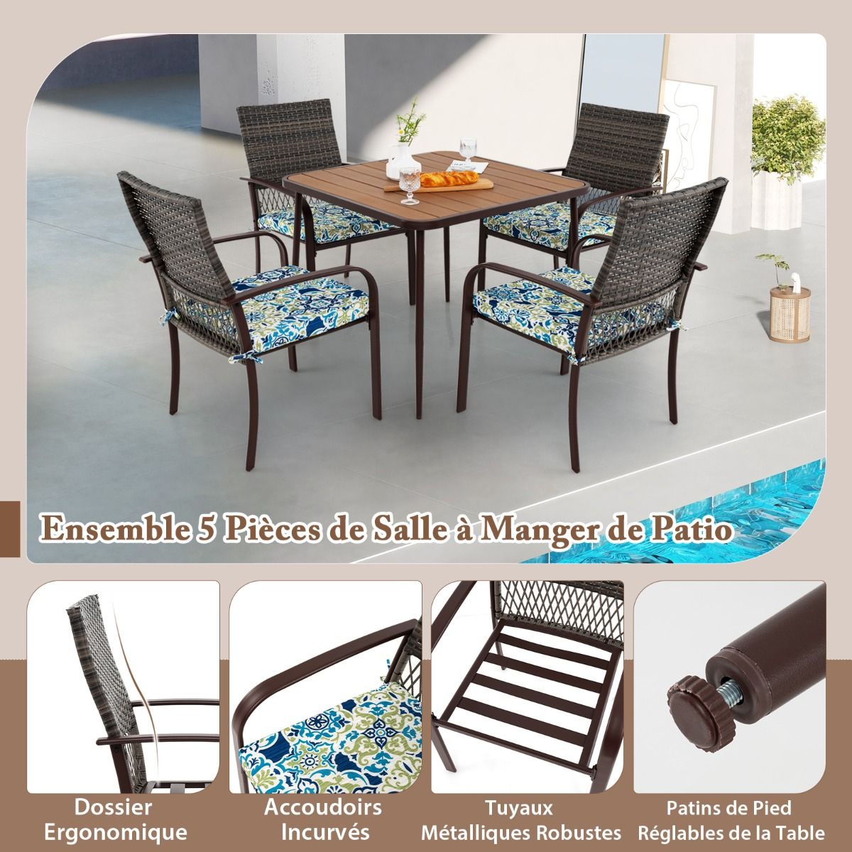 5 Piece Patio Furniture Set Garden Furniture 4 Rattan Armchairs with Cushions and Square Table with Umbrella Hole -
