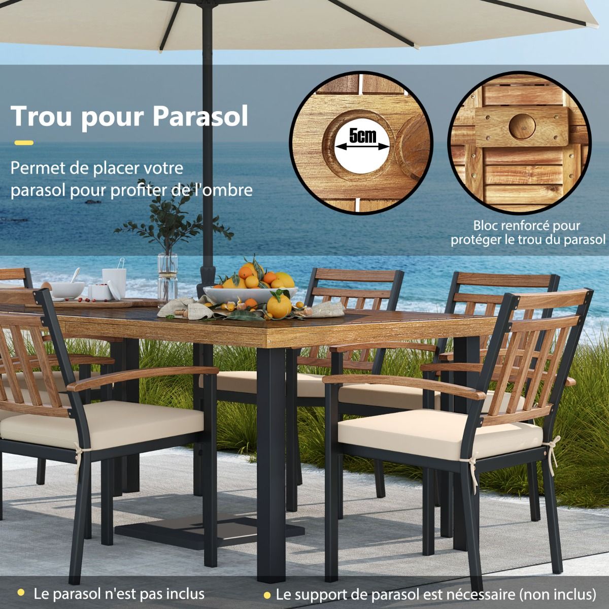 200 CM Garden Table for 8 People Outdoor Table in Acacia Wood with Parasol Hole Dia.5 CM Slat Design Metal Feet -