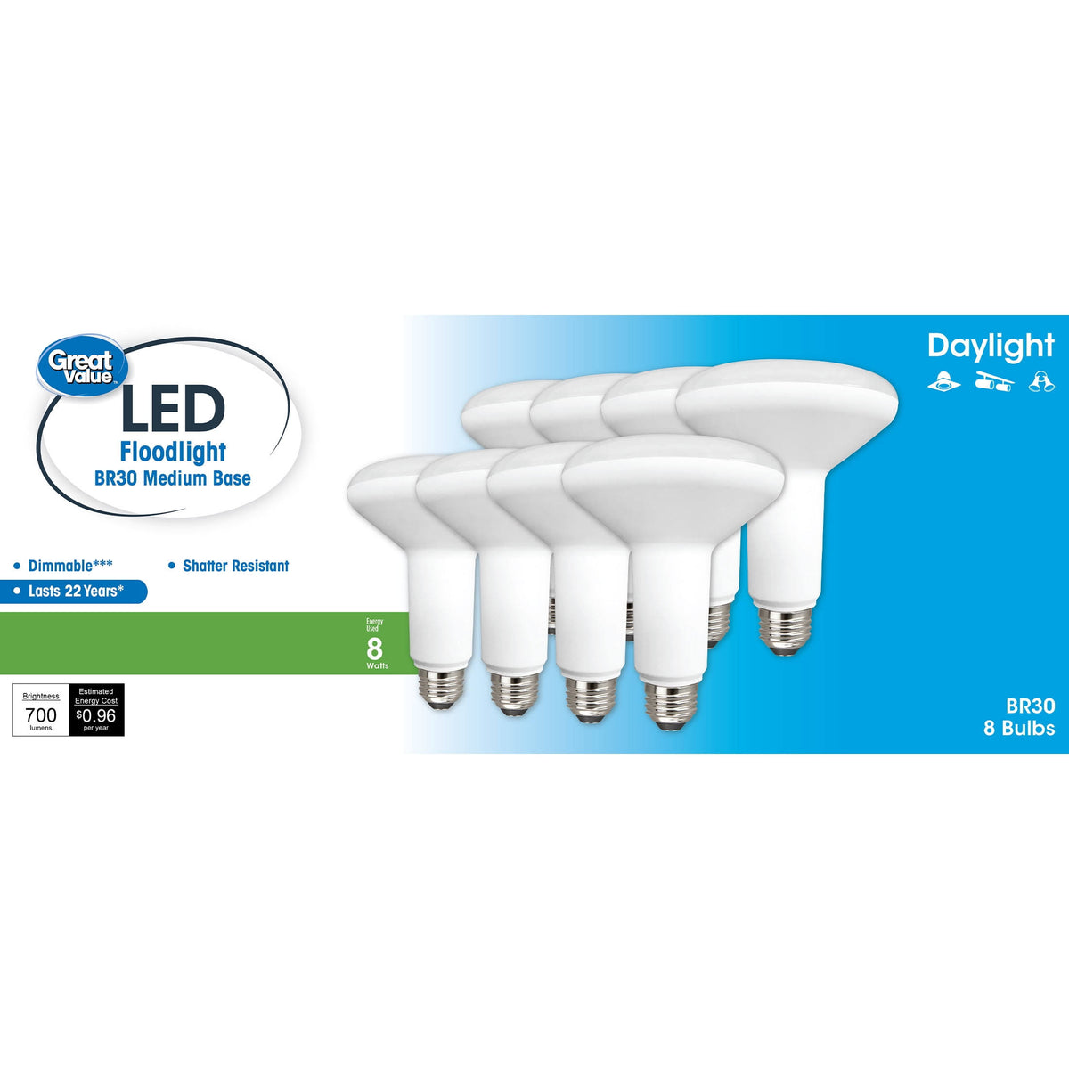 Great Value LED Light Bulb, 8W (65w Equivalent) BR30 Floodlight Lamp E26 Medium Base, Dimmable, Daylight - Product image 1