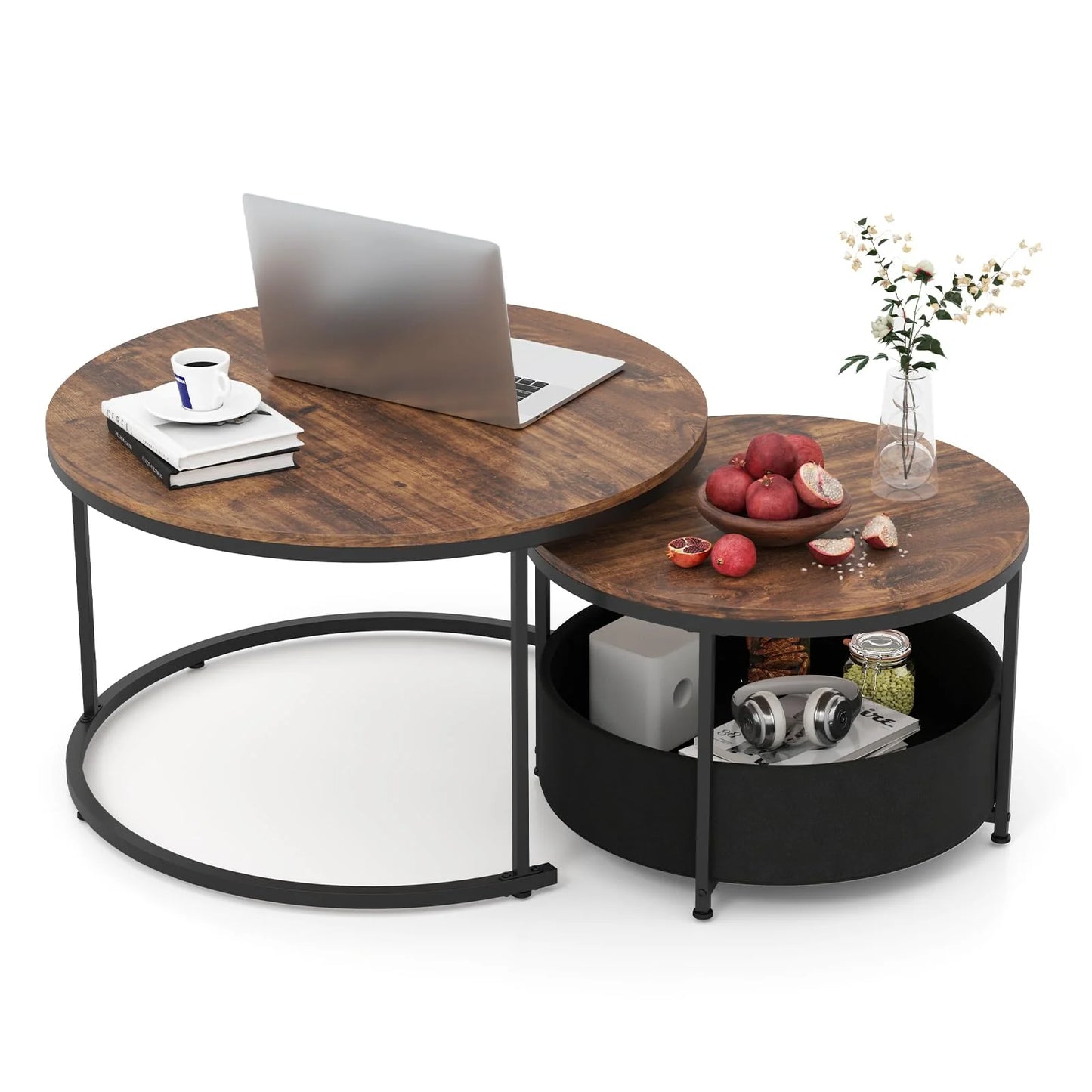Tangkula Round Nesting Coffee Table Set of 2 with Fabric Storage Basket & Metal Frame - Product image 1