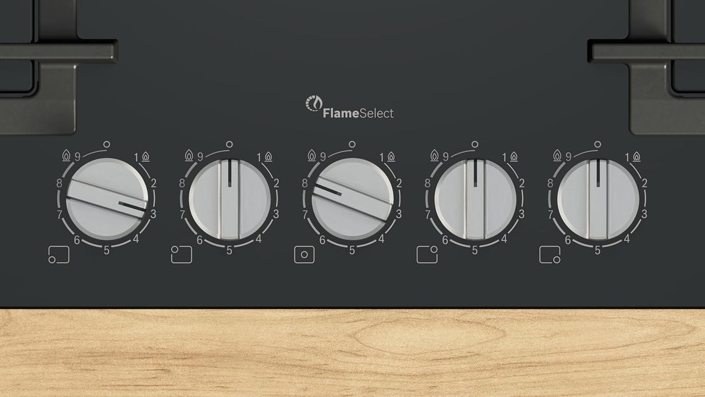 PPQ7A6I40, Series 6, Gas hob, 5 burners, 80 cm, Black tempered glass