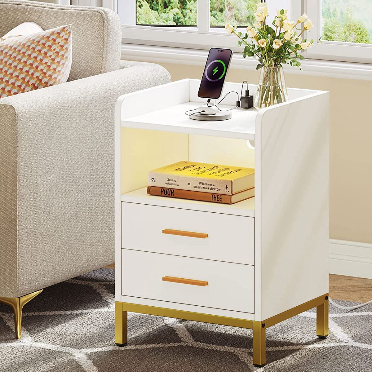 DEXTRUS Side Table with Charging Station, 3 - Drawer LED Light Bedside End Table Nightstand for Bedroom - Product image 3