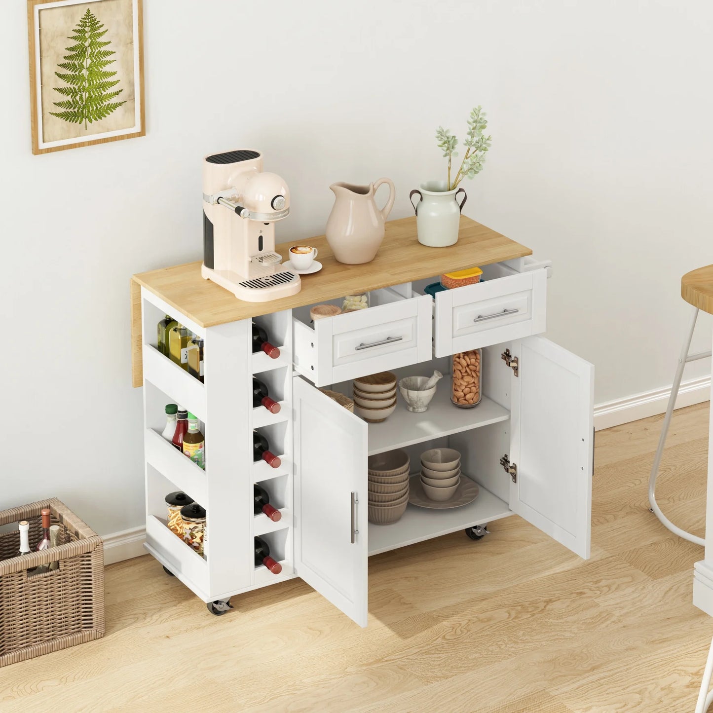 Movable Kitchen Island Cart with 2 Door Cabinet, 2 Drawers and Drop Leaf Top, Island Table with Spice Rack - Product image 3
