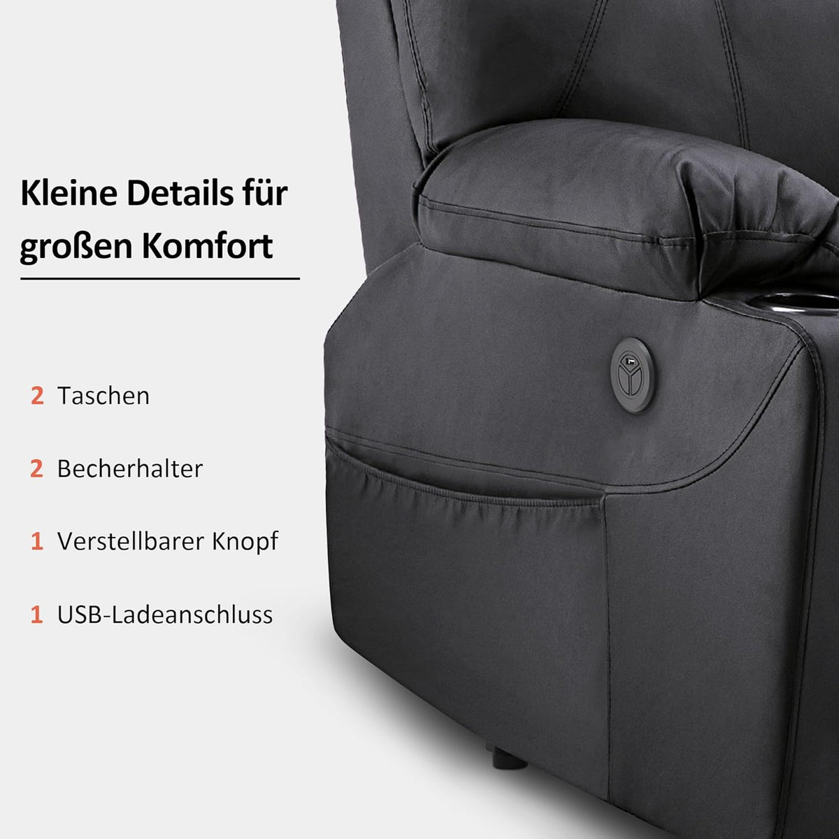 MCombo electric tie-down aid, TV armchair, Relaxing armchair, Massage, Heating, Electrically adjustable USB connection, Faux leather, Black