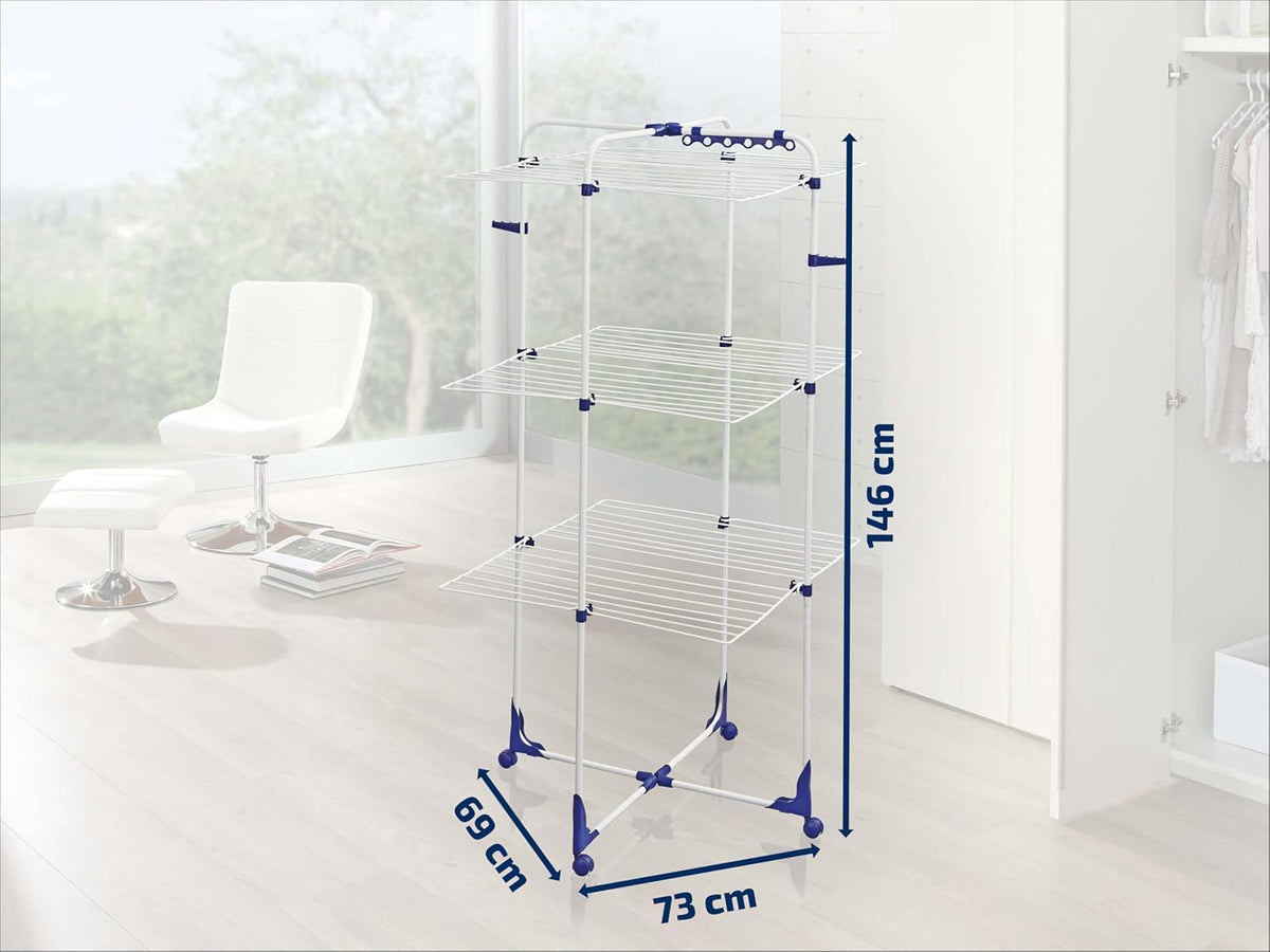Leifheit Drying Tower Classic Tower 340, 3-Tier Folding Clothes Drying Rack, 34 m Tower Clothes Dryer with Folding Frames & 360° Casters