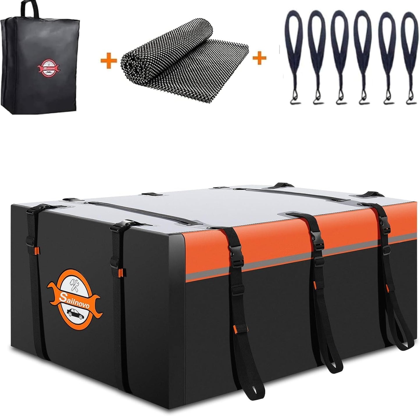 Sailnovo 0.6m³ Soft Roof Box with Anti-Slip Mat + 6 Door Hooks, Waterproof PVC Car Roof Bag with/without Luggage Rack, Black