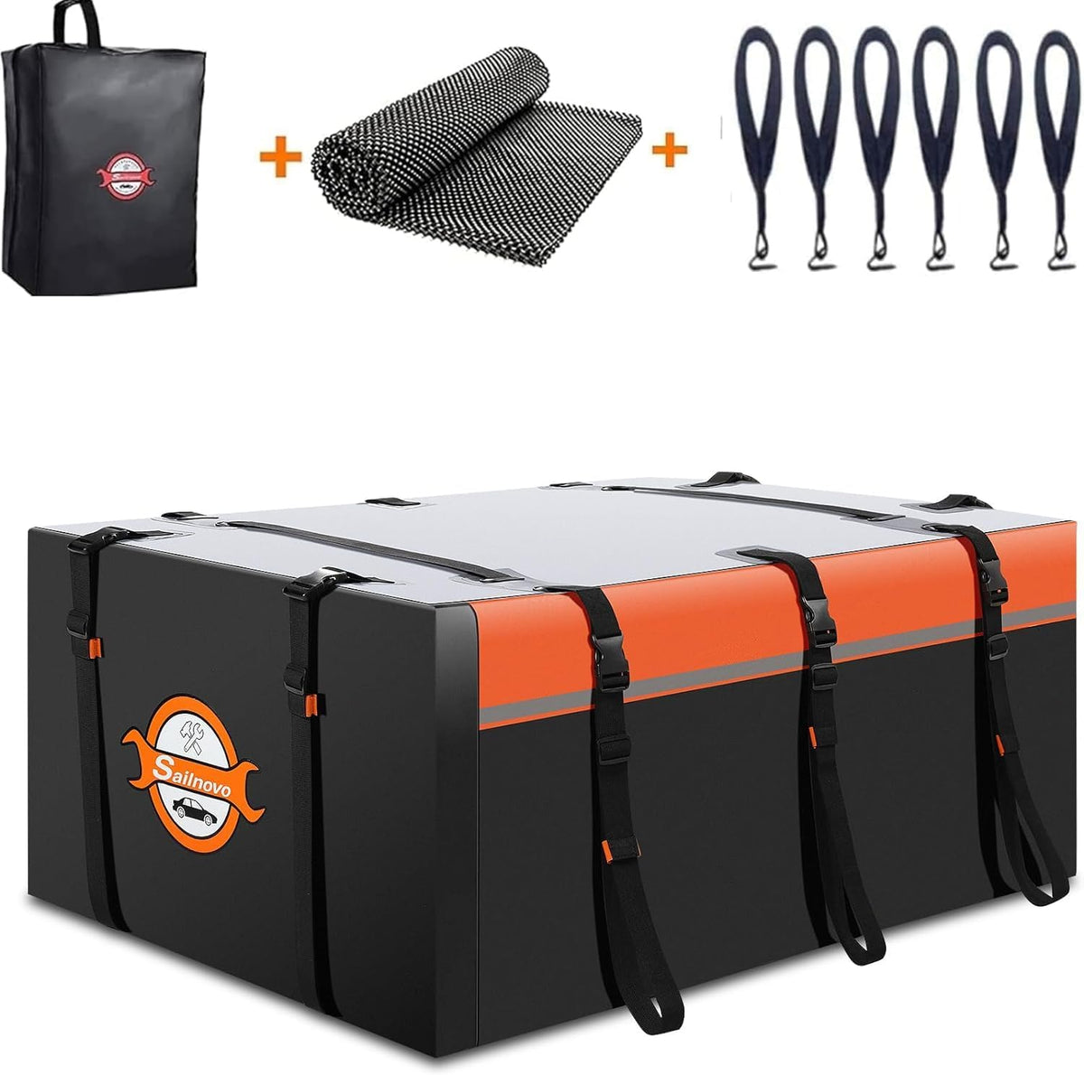 Sailnovo 0.6m³ Soft Roof Box with Anti-Slip Mat + 6 Door Hooks, Waterproof PVC Car Roof Bag with/without Luggage Rack, Black