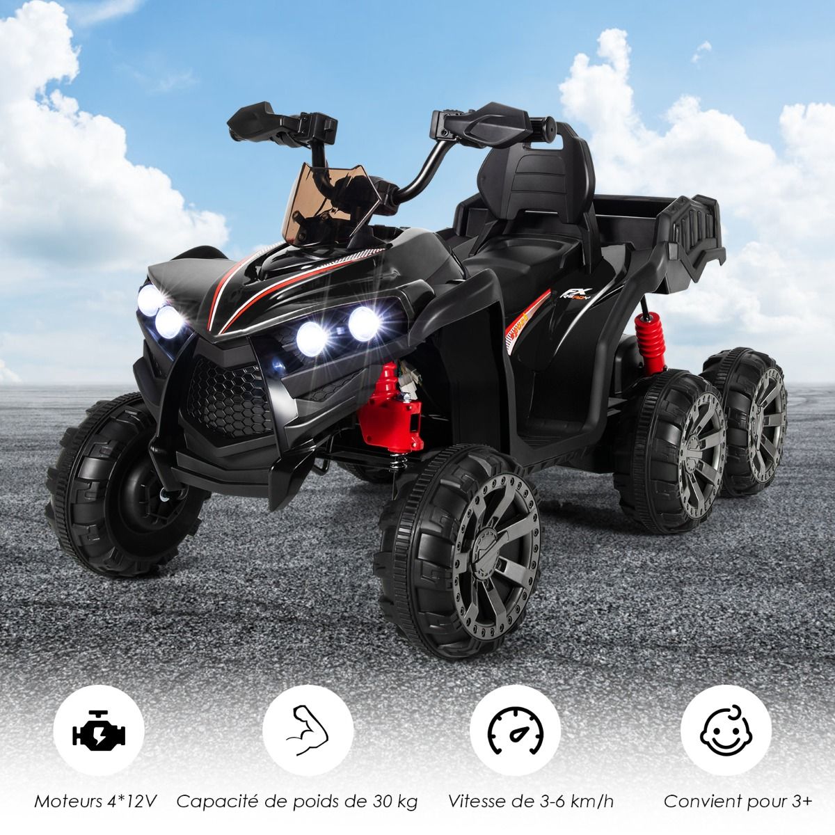 12V Children's Electric Quad with LED Lights and Music Children's Electric Vehicle with Slow Start Load 30kg 129 x 69 x 72 cm Black/Red -