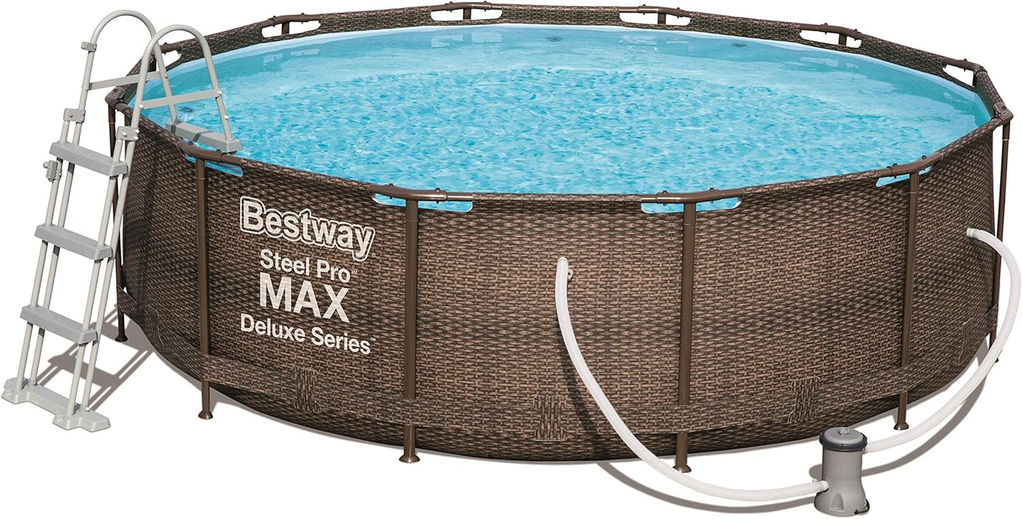 Power Steel Deluxe Round Tubular Swimming Pool with Solid Steel Frame Complete Kit Rattan Look 366 x 100 cm,Brown