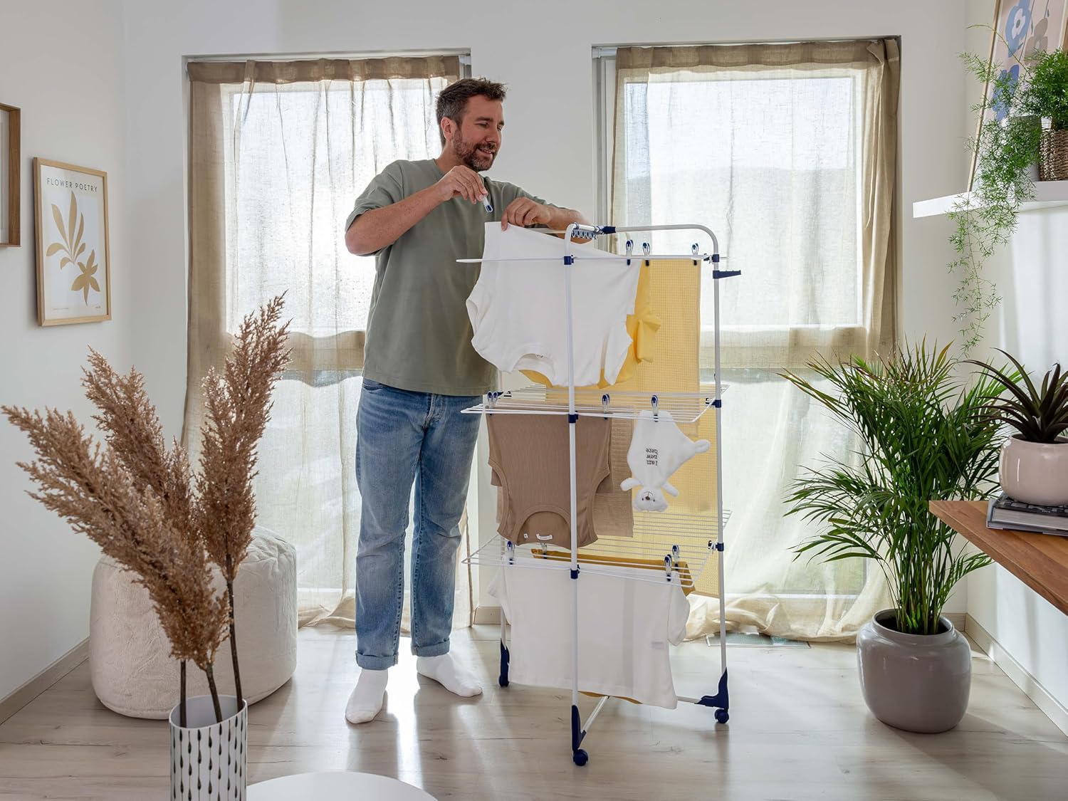 Leifheit Drying Tower Classic Tower 340, 3-Tier Folding Clothes Drying Rack, 34 m Tower Clothes Dryer with Folding Frames & 360° Casters
