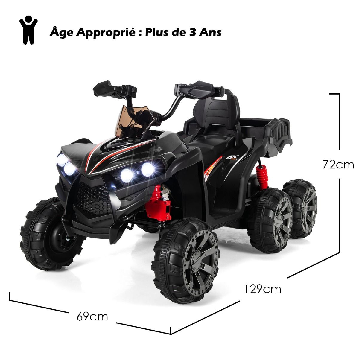 12V Children's Electric Quad with LED Lights and Music Children's Electric Vehicle with Slow Start Load 30kg 129 x 69 x 72 cm Black/Red -