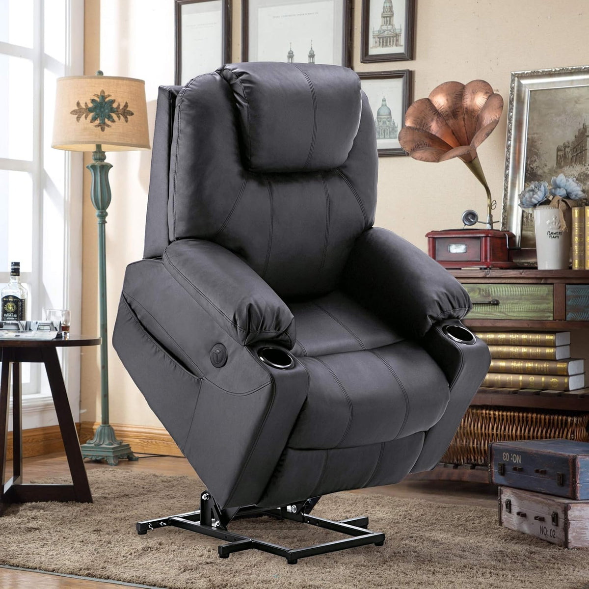 MCombo electric tie-down aid, TV armchair, Relaxing armchair, Massage, Heating, Electrically adjustable USB connection, Faux leather, Black