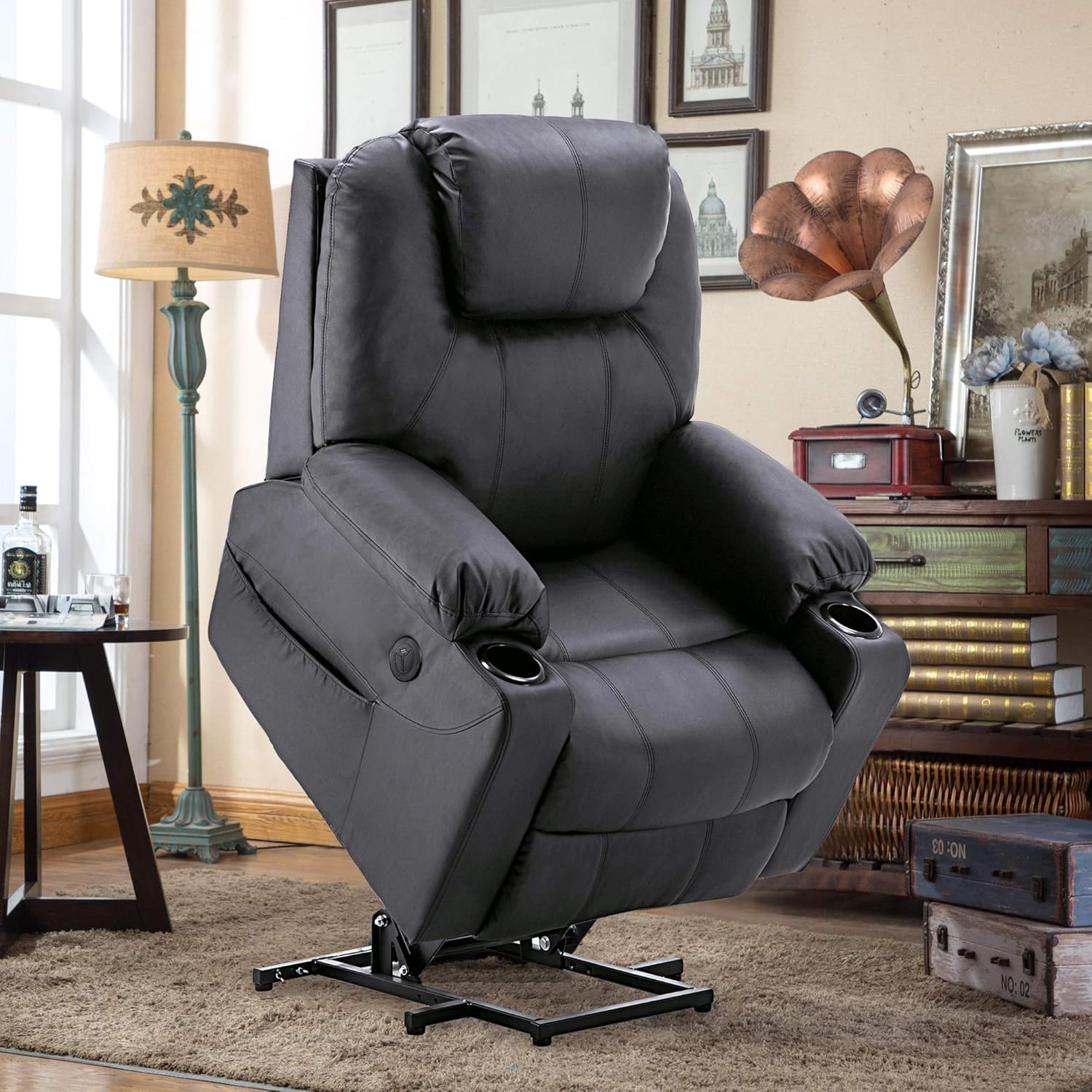 MCombo electric tie-down aid, TV armchair, Relaxing armchair, Massage, Heating, Electrically adjustable USB connection, Faux leather, Black