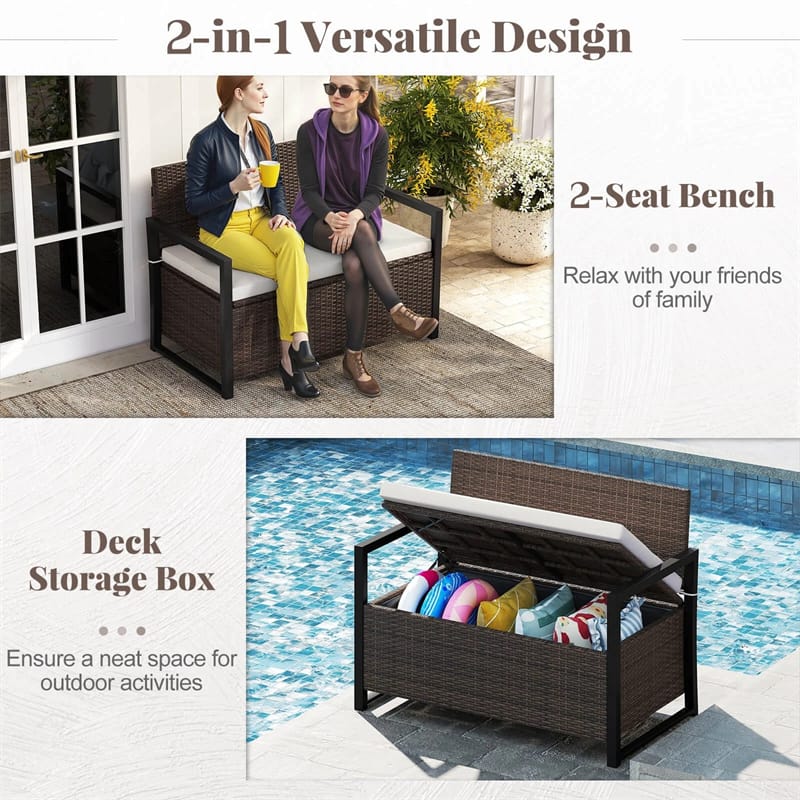 40 Gallon Outdoor Wicker Storage Bench with Cushion & Cover, Metal Frame Patio Deck Box Seat - Product image 5