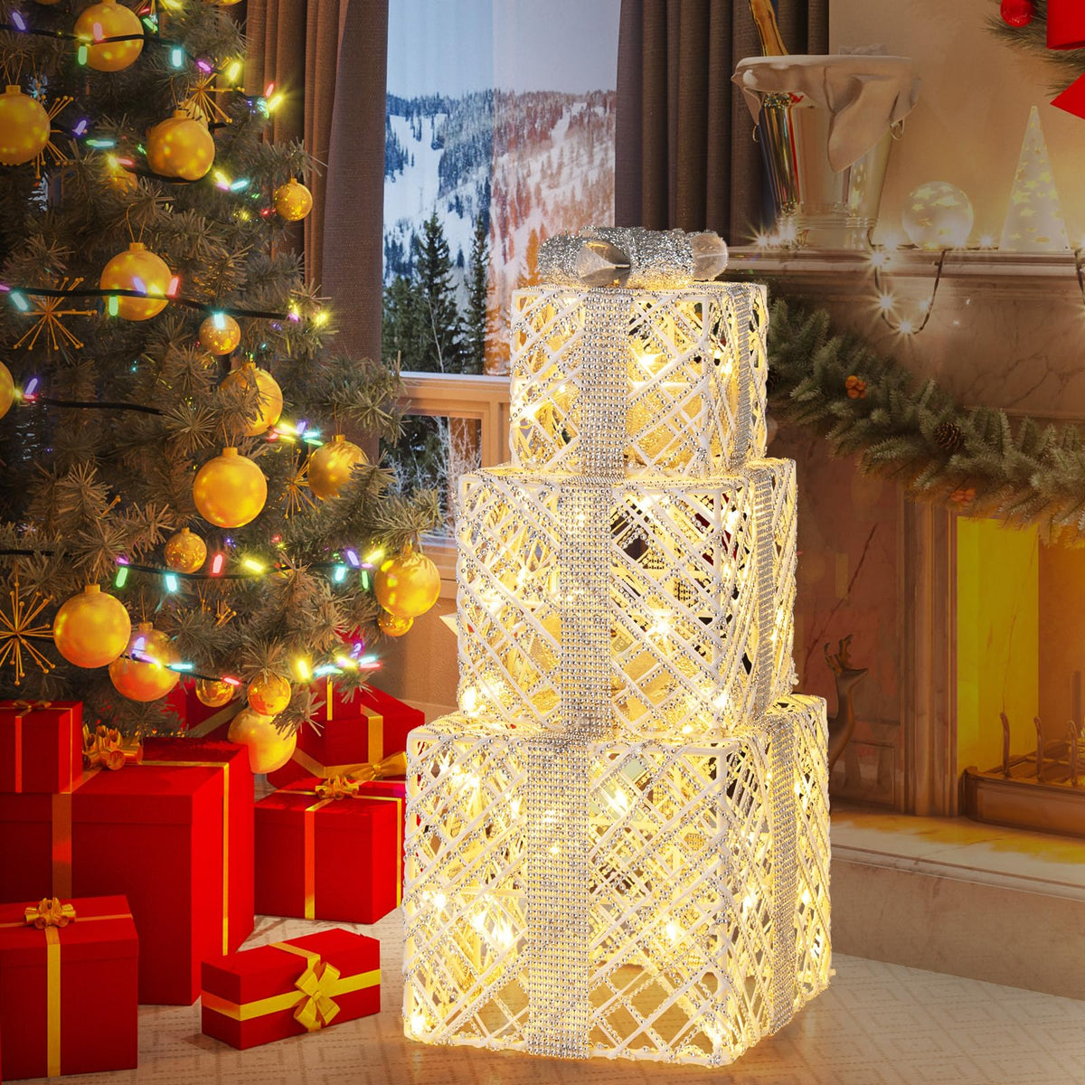 Tangkukla 3 Pack Christmas Lighted Gift Box, Pre-Lit Festive Boxes w/ 50 LED Lights - Product image 3