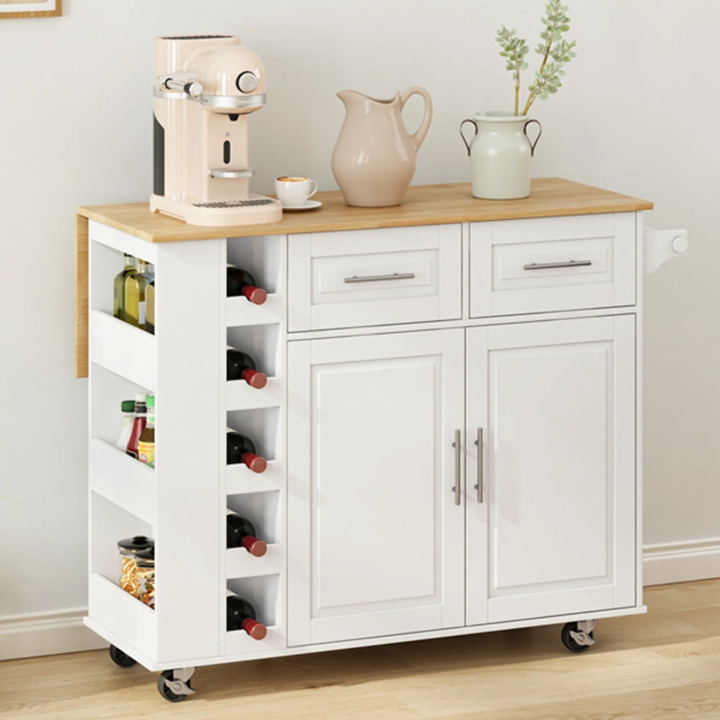 Movable Kitchen Island Cart with 2 Door Cabinet, 2 Drawers and Drop Leaf Top, Island Table with Spice Rack - Product image 2