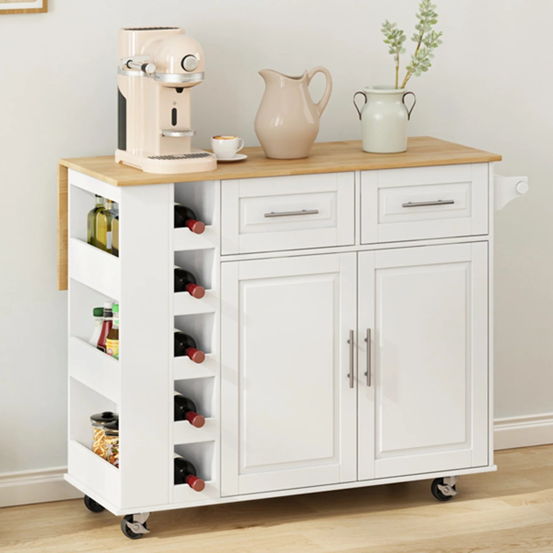 Movable Kitchen Island Cart with 2 Door Cabinet, 2 Drawers and Drop Leaf Top, Island Table with Spice Rack - Product image 2