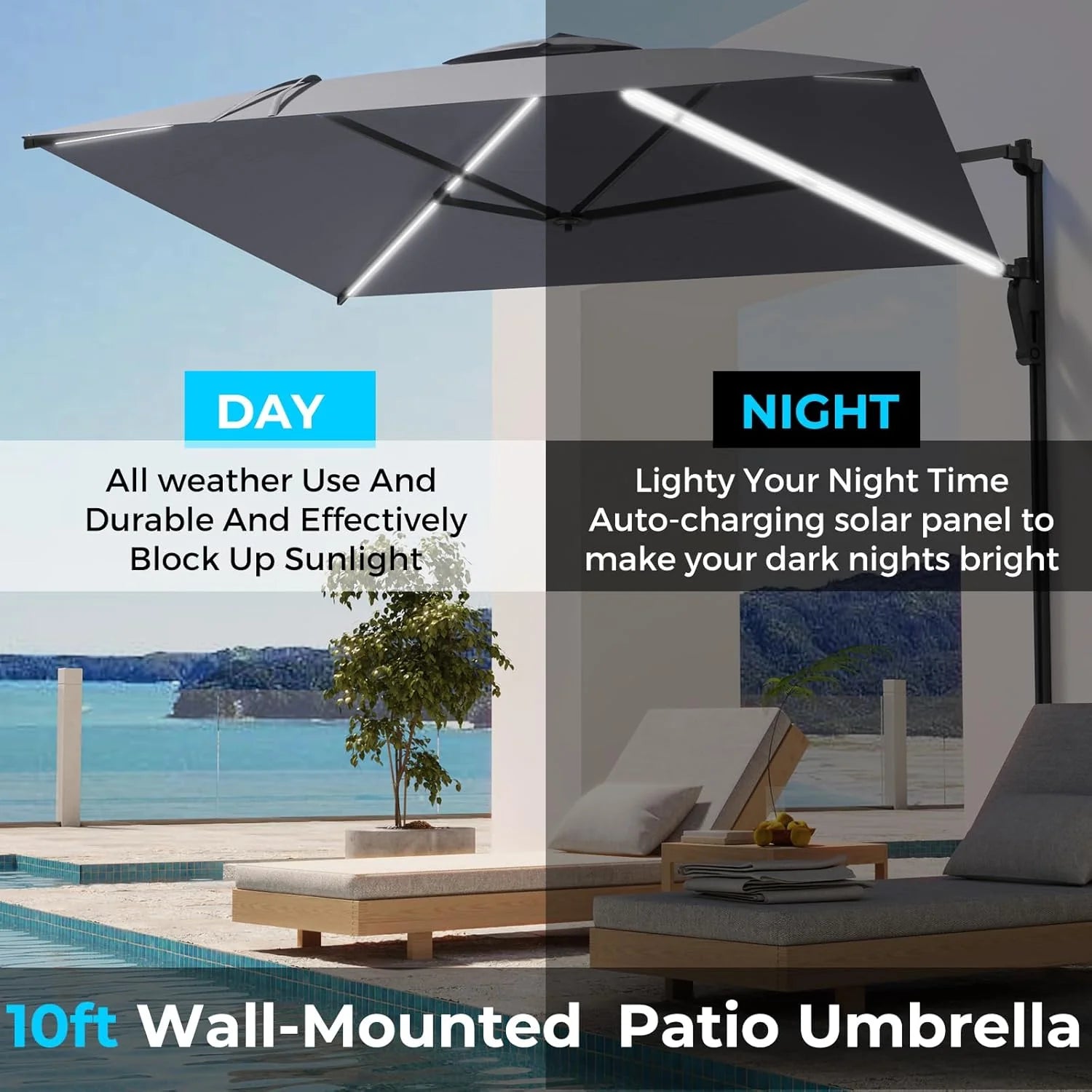AECOJOY 10FT Large Patio Umbrella with Solar Lights, Rectangle Wall Mounted Outdoor Patio Umbrella, Grey - Product image 6