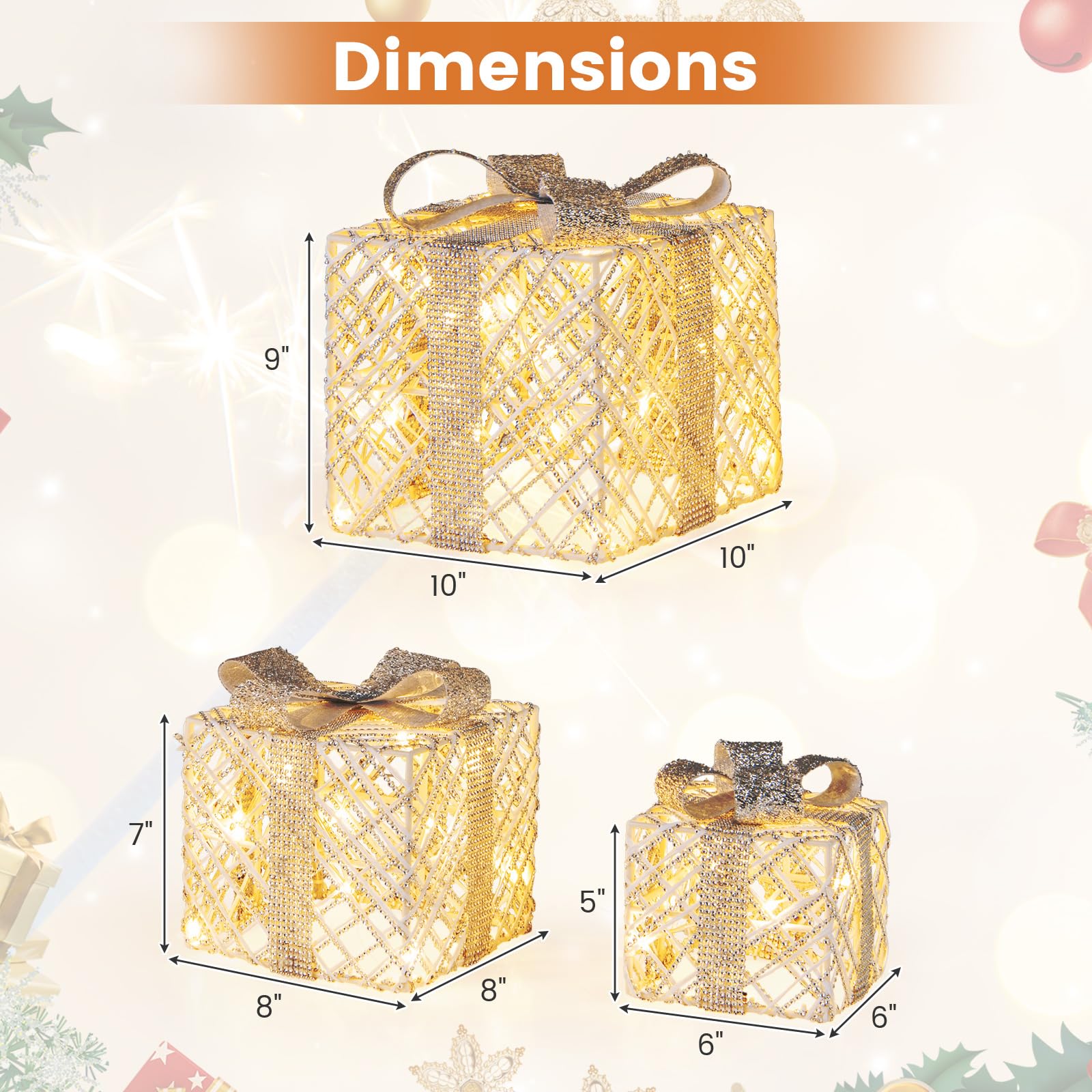 Tangkukla 3 Pack Christmas Lighted Gift Box, Pre-Lit Festive Boxes w/ 50 LED Lights - Product image 7