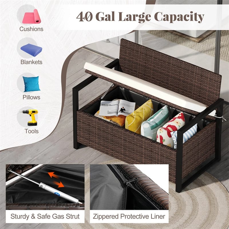 40 Gallon Outdoor Wicker Storage Bench with Cushion & Cover, Metal Frame Patio Deck Box Seat - Product image 6
